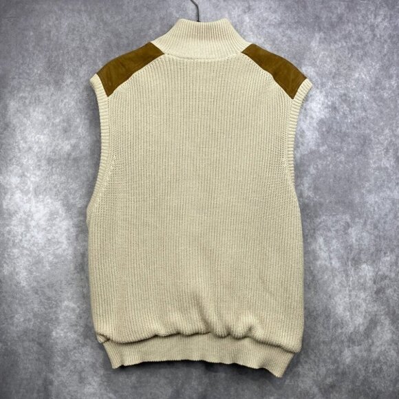 Orvis Signature Beige Knit Zip Sweater Vest W/Tan Patches Hunting Men's “L” - Picture 2 of 11